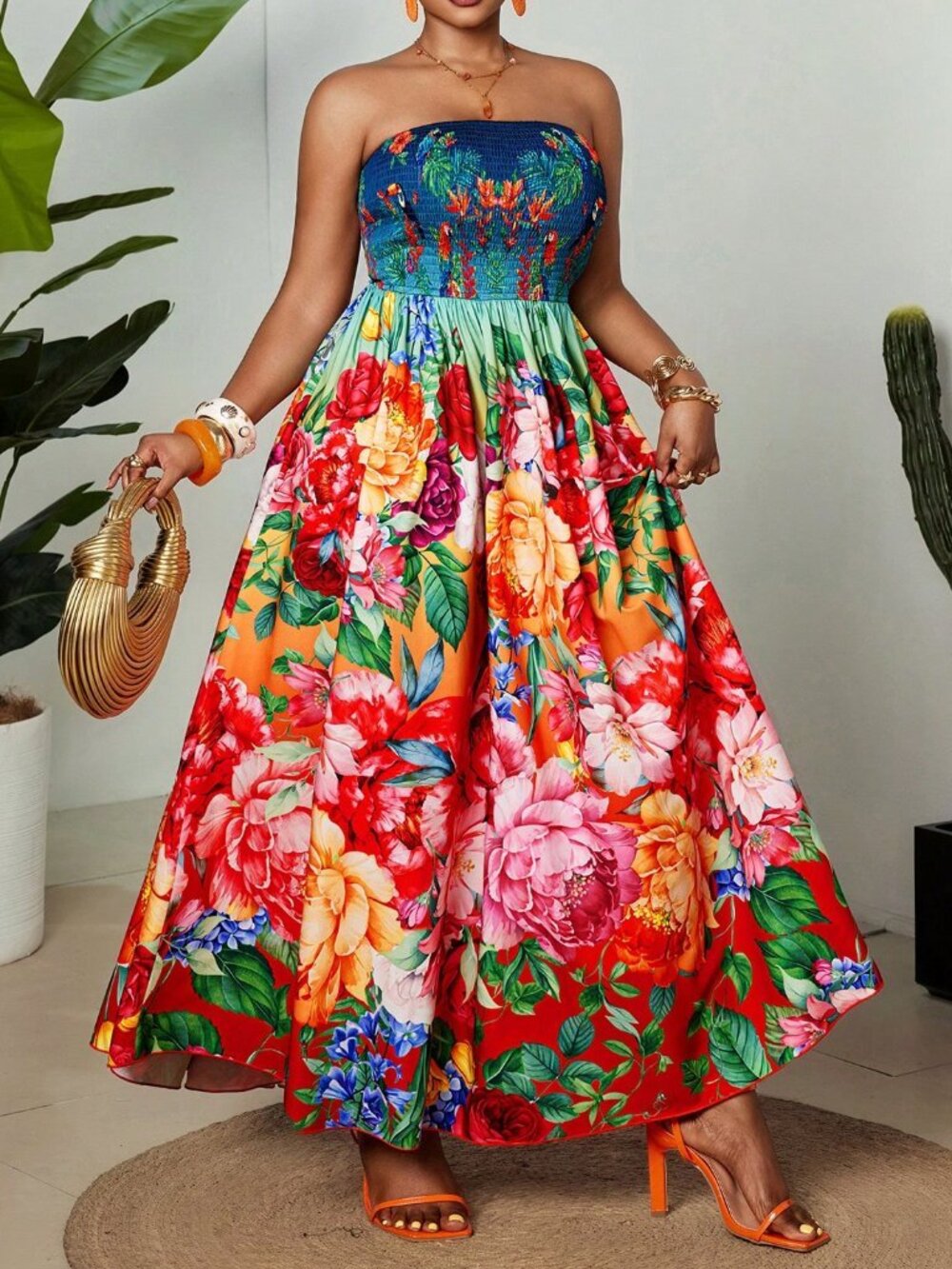 Multicolor Boho Women's Plus Size Sleeveless Elegant Floral Maxi Dress - Picture 5 of 9